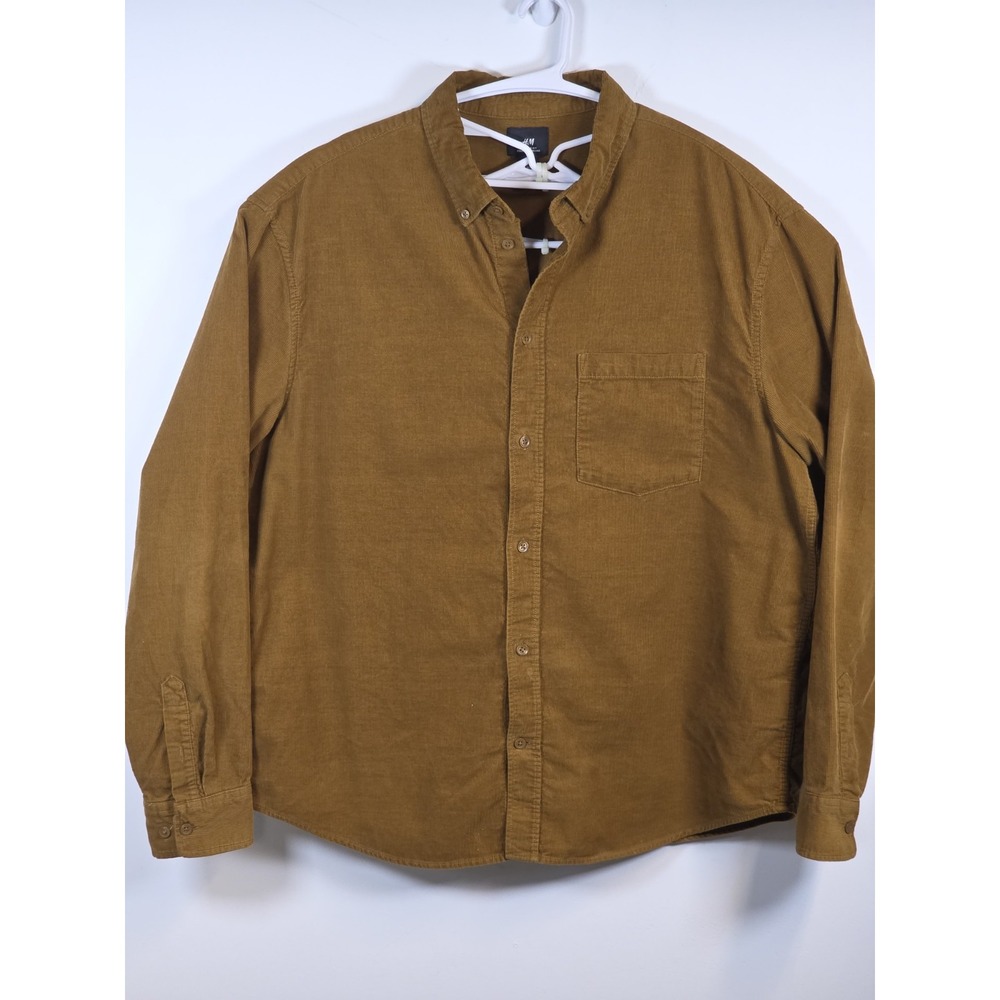 HM Mens XL Corduroy Shirt Camel Brown Cotton Long Sleeve Button Up Pocket Casual